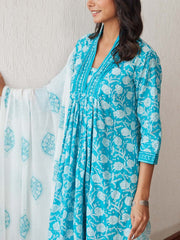 Blue Cotton Printed Suit Set