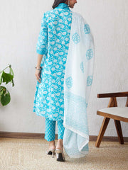 Blue Cotton Printed Suit Set