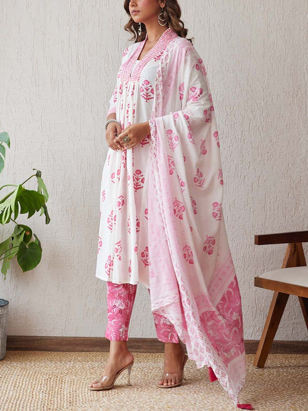 Pink and White Cotton Printed Suit Set