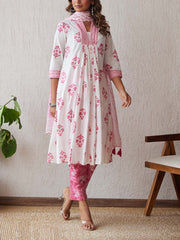 Pink and White Cotton Printed Suit Set