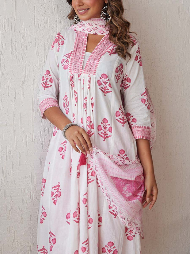 Pink and White Cotton Printed Suit Set