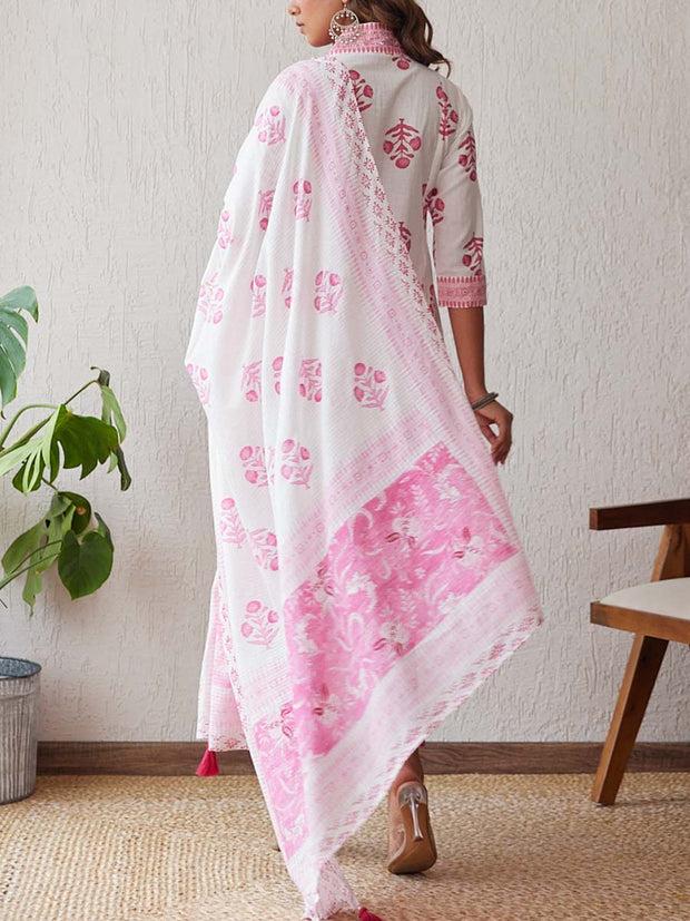 Pink and White Cotton Printed Suit Set