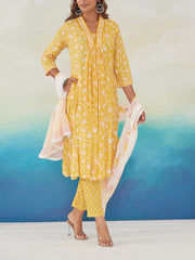 Yellow Cotton Printed Suit Set