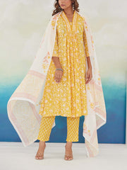 Yellow Cotton Printed Suit Set