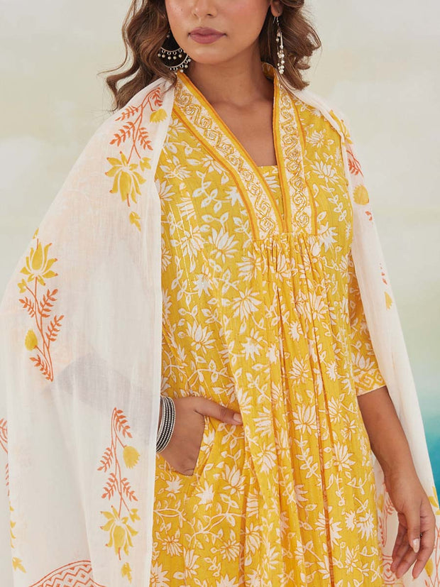 Yellow Cotton Printed Suit Set