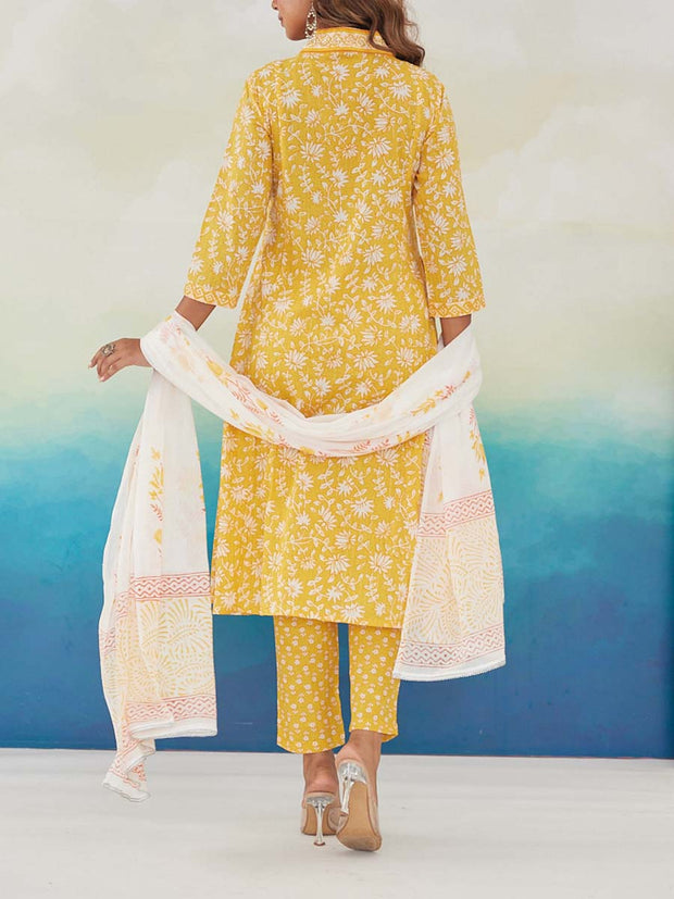 Yellow Cotton Printed Suit Set