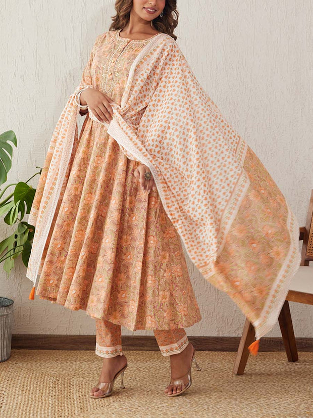 Beige Cotton Printed Suit Set