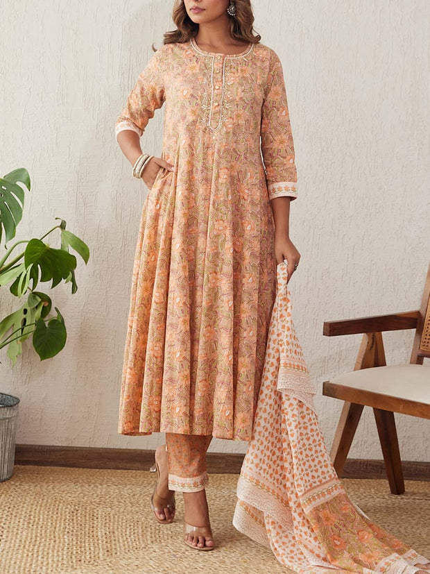 Beige Cotton Printed Suit Set