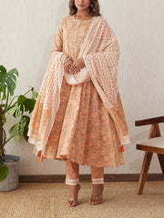 Beige Cotton Printed Suit Set