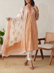 Beige Cotton Printed Suit Set