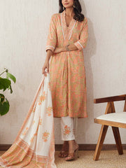 Beige Cotton Printed Suit Set