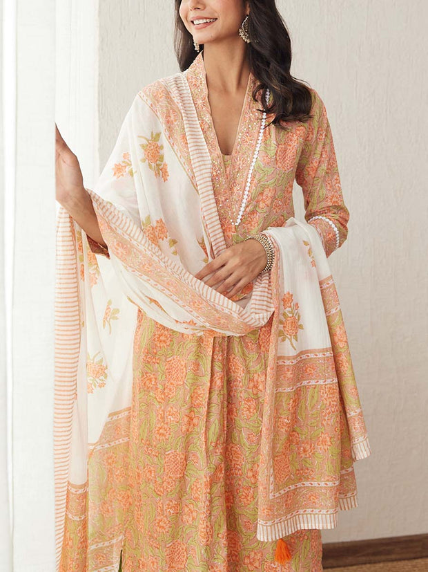 Beige Cotton Printed Suit Set