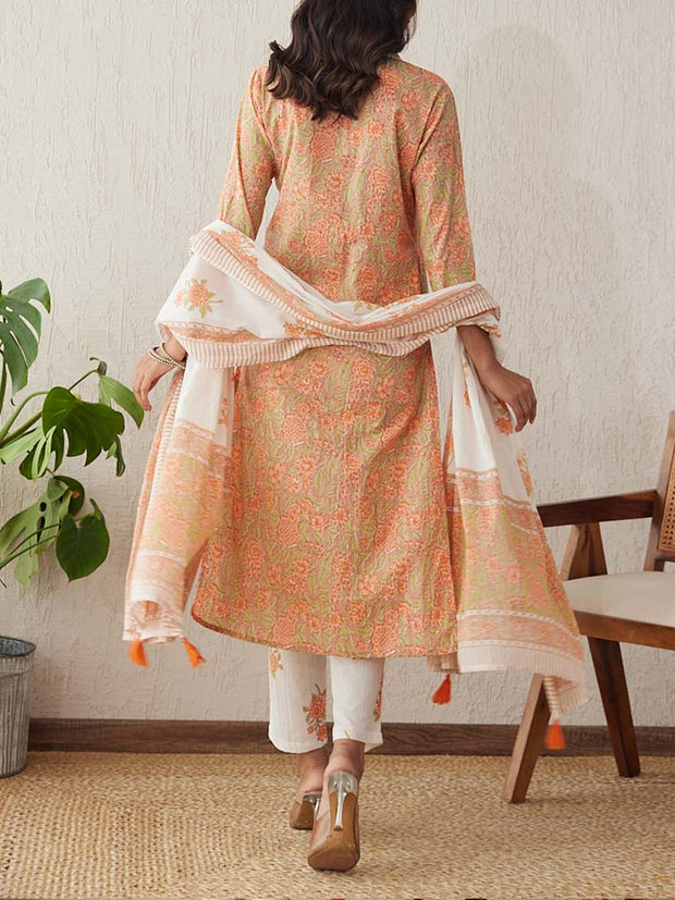 Beige Cotton Printed Suit Set