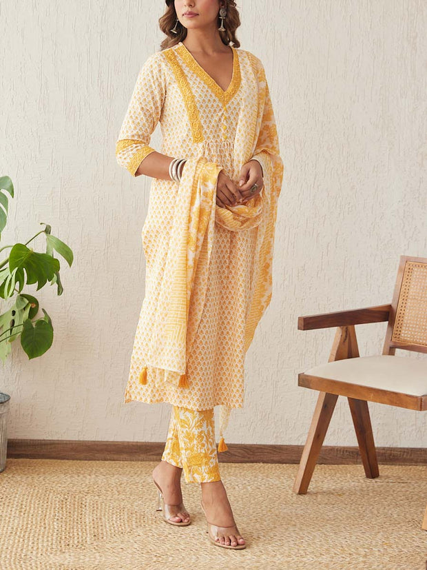 Yellow Cotton Printed Suit Set