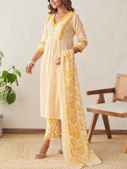 Yellow Cotton Printed Suit Set