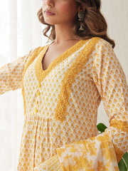 Yellow Cotton Printed Suit Set