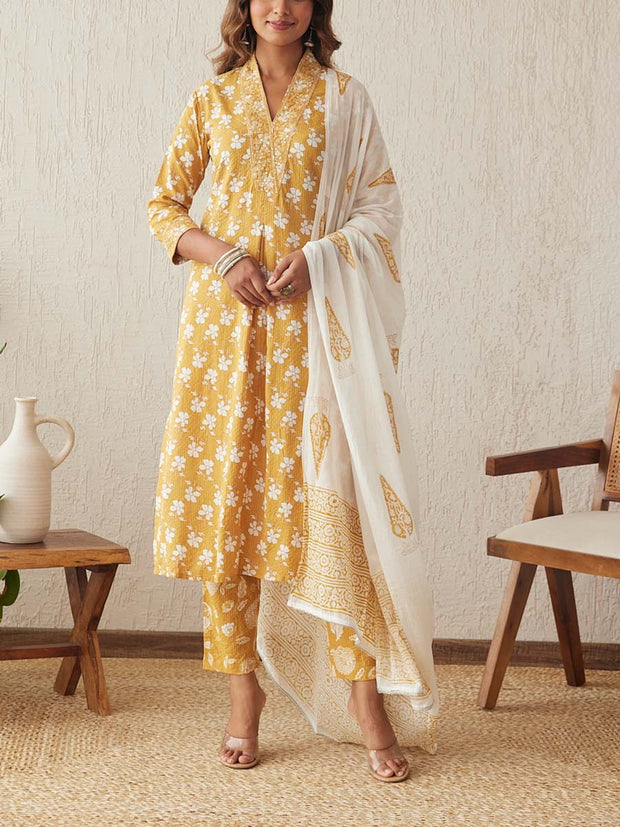 Mustard , Cotton Suit Set , cotton