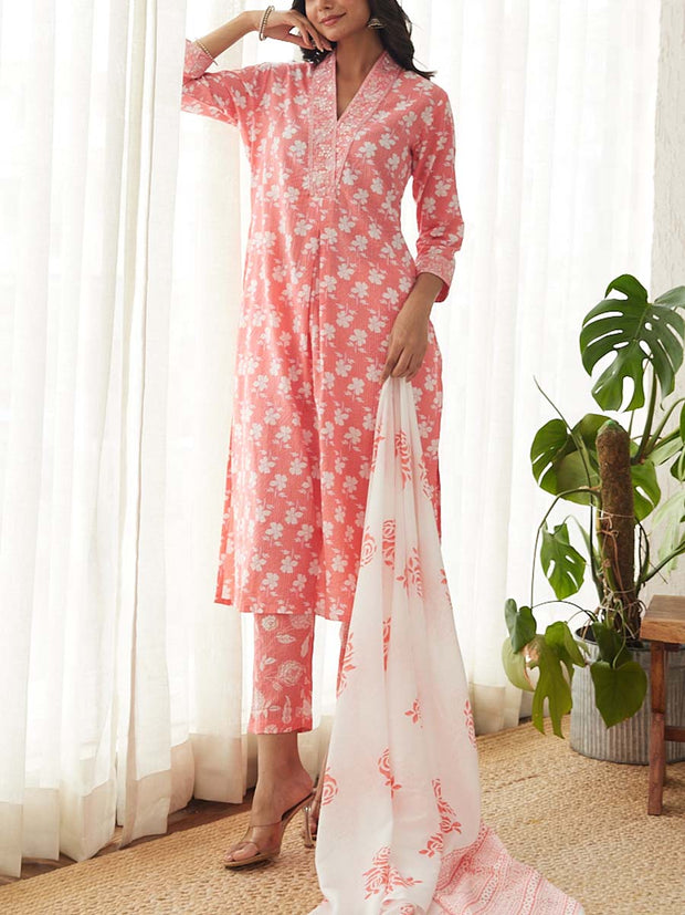 Pink Cotton Printed Suit Set