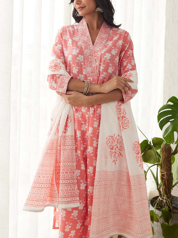 Pink Cotton Printed Suit Set