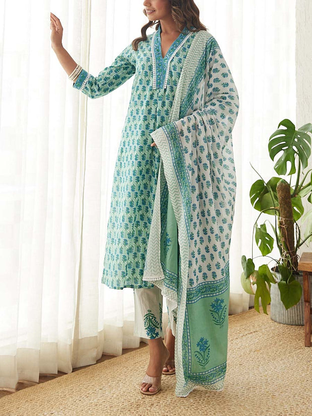 Blue and Green Cotton Printed Suit Set