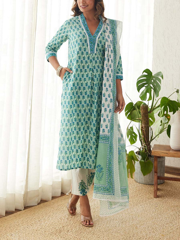 Blue and Green Cotton Printed Suit Set