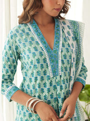 Blue and Green Cotton Printed Suit Set