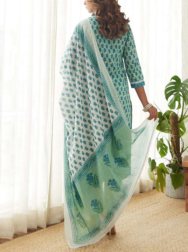 Blue and Green Cotton Printed Suit Set