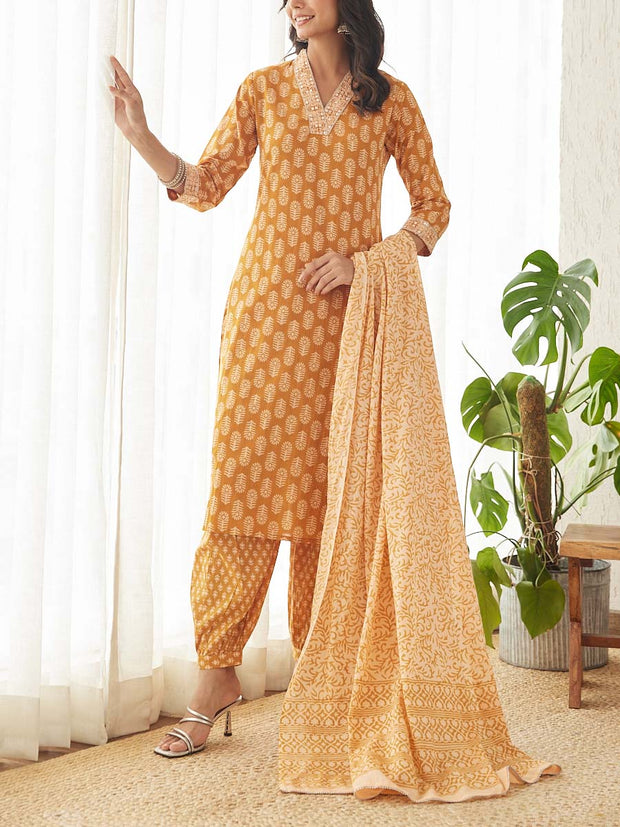 Mustard Cotton Printed Suit Set