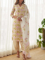 Cream Cotton Printed Suit Set