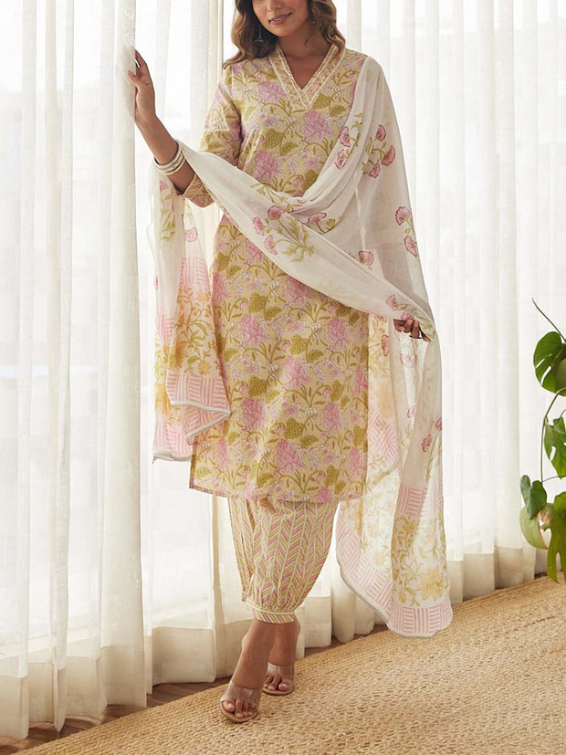 Cream Cotton Printed Suit Set