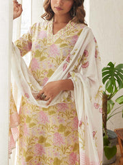 Cream Cotton Printed Suit Set