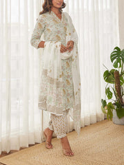 White Cotton Printed Suit Set