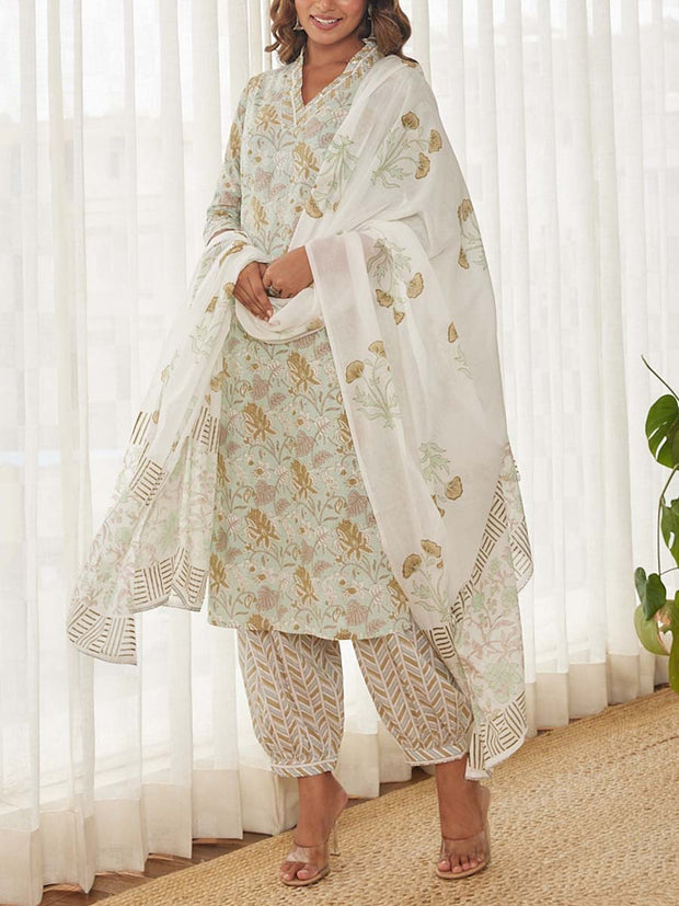 White Cotton Printed Suit Set