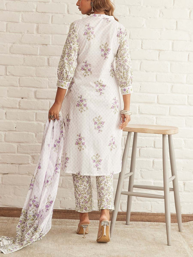 White Cotton Printed Suit Set