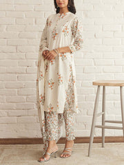 White Cotton Printed Suit Set