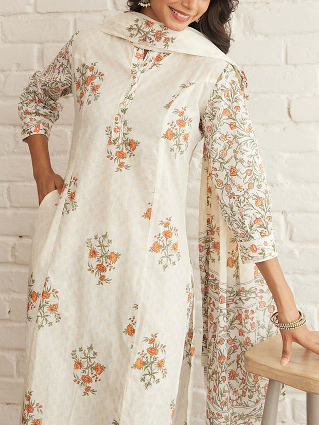 White Cotton Printed Suit Set