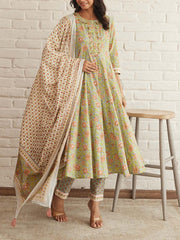 Green Cotton Printed Suit Set