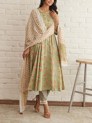 Green Cotton Printed Suit Set