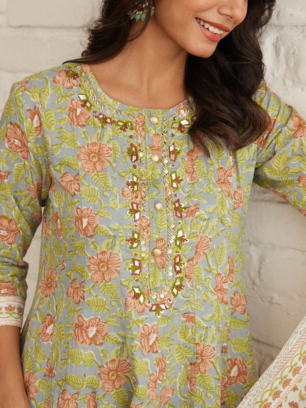 Green Cotton Printed Suit Set