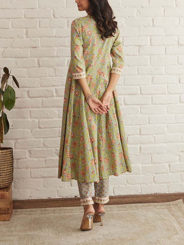 Green Cotton Printed Suit Set