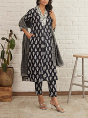 Black Cotton Printed Suit Set