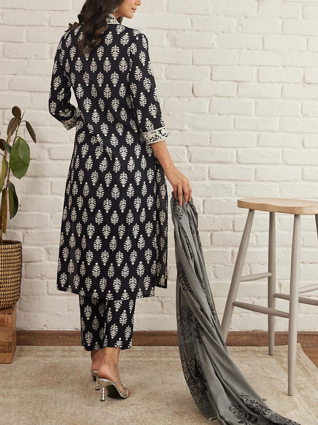 Black Cotton Printed Suit Set