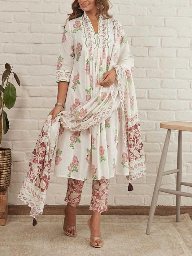 White Cotton Printed Suit Set