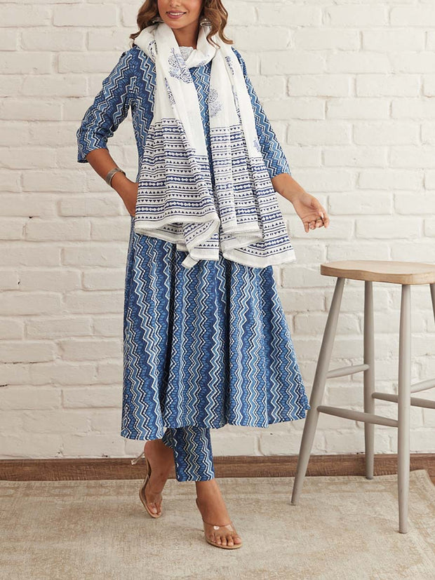 Blue Cotton Printed Suit Set