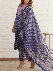 Blue Cotton Printed Suit Set