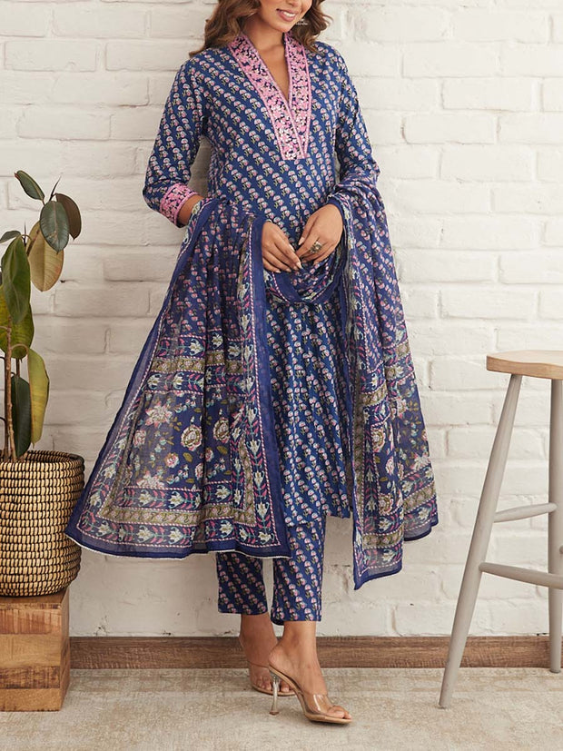 Blue Cotton Printed Suit Set