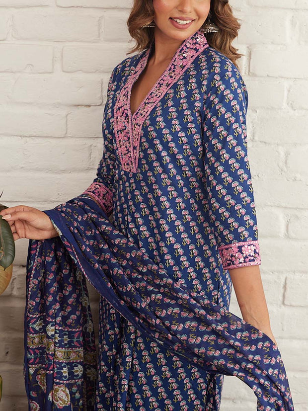 Blue Cotton Printed Suit Set