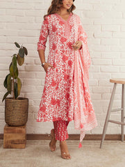 Red Cotton Printed Suit Set