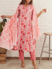 Red Cotton Printed Suit Set