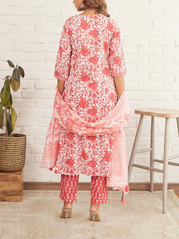 Red Cotton Printed Suit Set